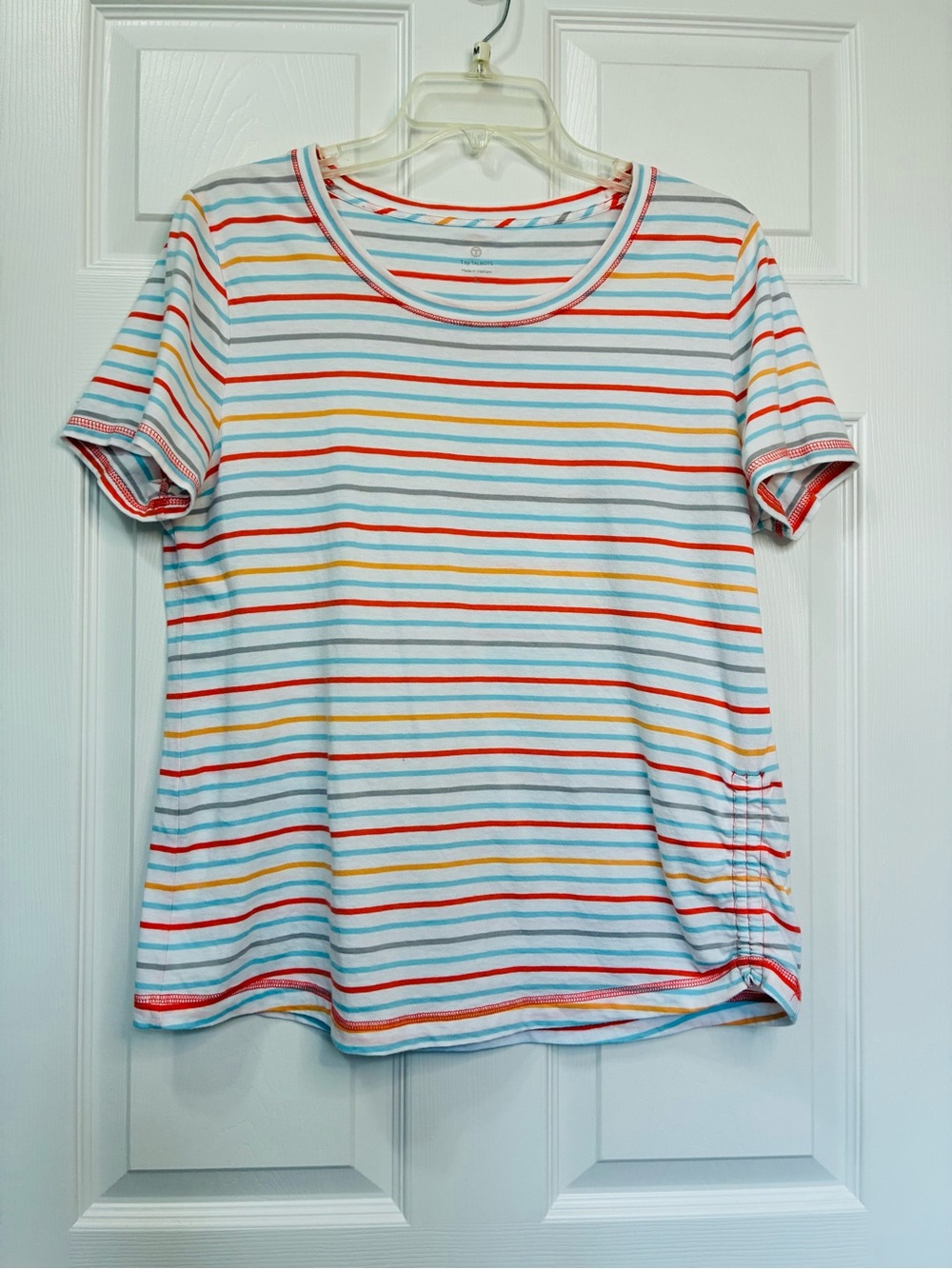 T by Talbots Top Women's Large White With Multicolored Stripe Ruched Side Cotton